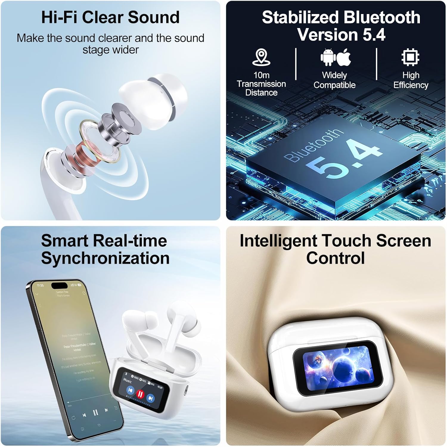 Wireless Earbuds, 5.4 Bluetooth Headphones With Touch Screen Ear Buds,