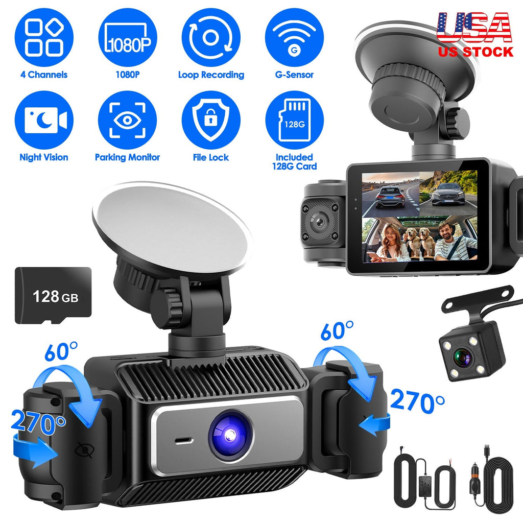 4 Channel Car Dash Cam With 128G MMC Card 1080P Front 720P Left Right