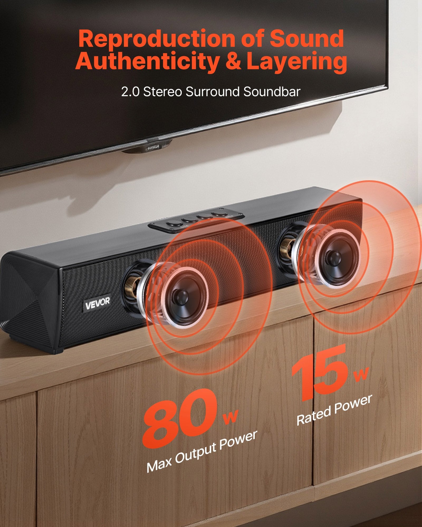Sound Bar for Smart TV, 2.0 Channel, 450 mm Compact Soundbar TV