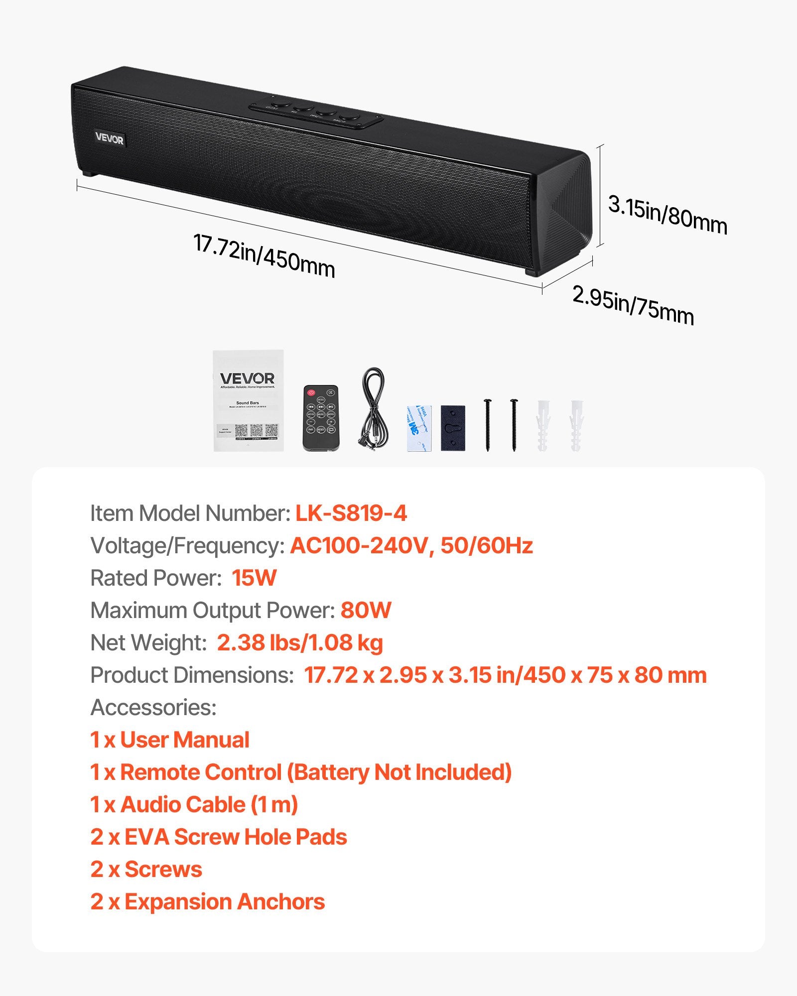 Sound Bar for Smart TV, 2.0 Channel, 450 mm Compact Soundbar TV